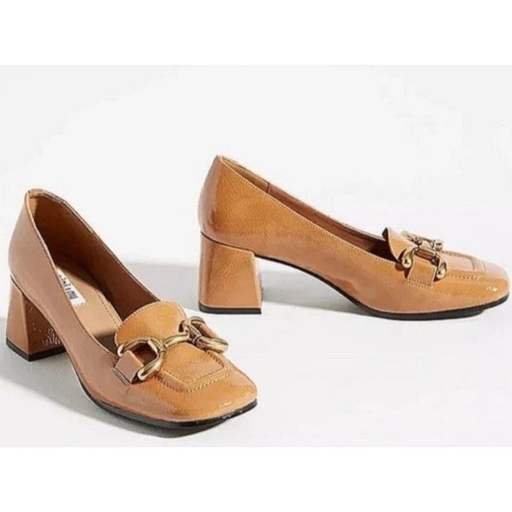 Anthropologie Bibi Lou Valencia Heeled Loafers Beige Patent Leather Sz 6 NEW